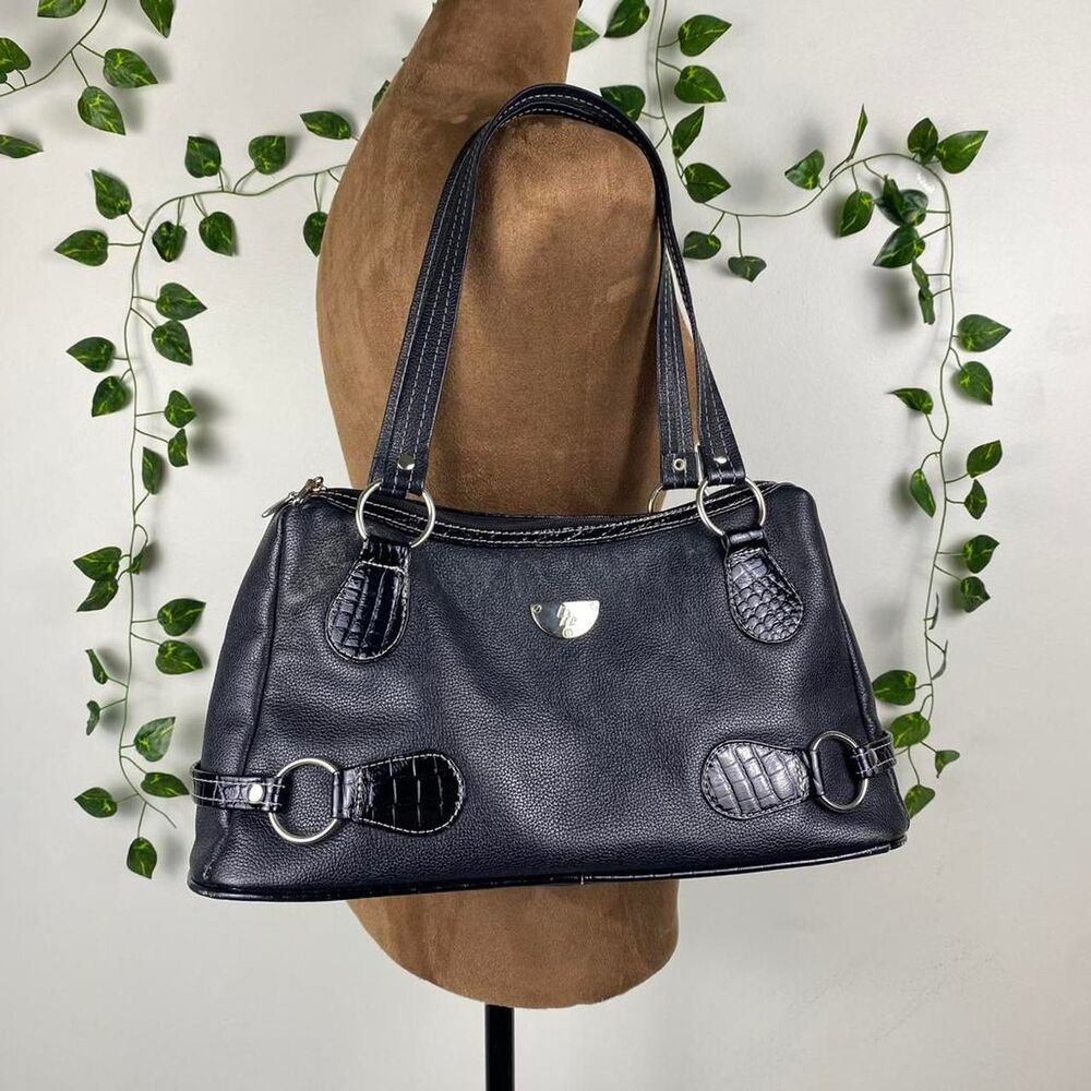 Y2K black faux pebbled leather shoulder bag crocodile skin texture accents hobo